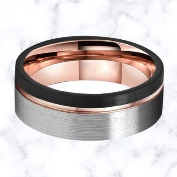 Anello in tungsteno per uomo con argento nero e oro rosa spazzolato